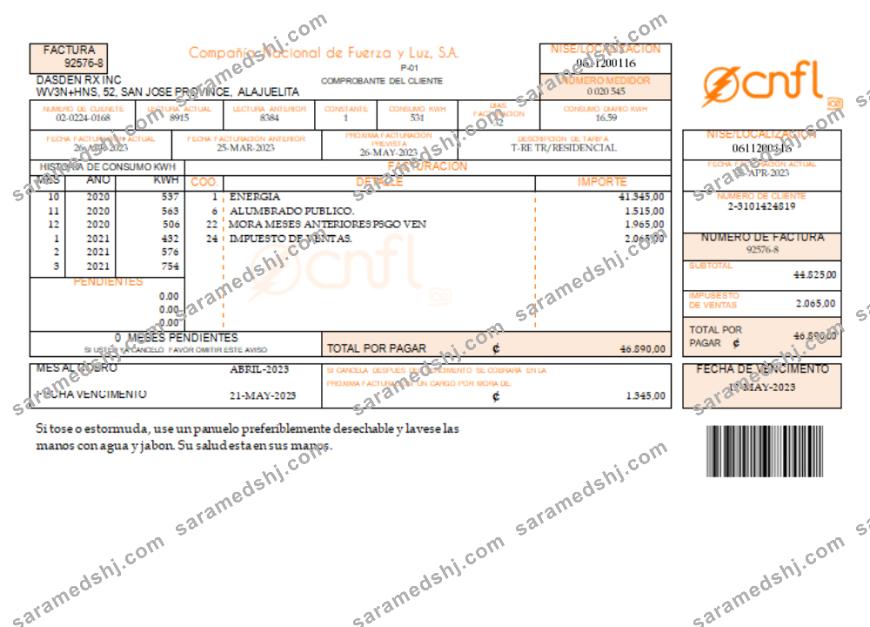 Compañía Nacional de Fuerza y Luz, S.A. (CNFL) utility business bill, SCR